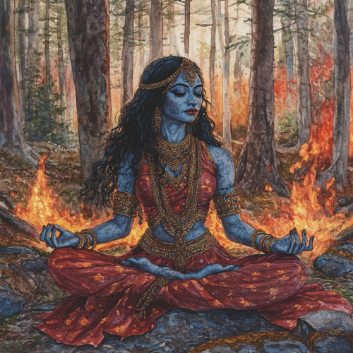 Kali Maa Meditates in Forest by Fire
