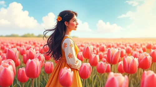 Kazakh Woman in Tulip Field: Cartoon Watercolor