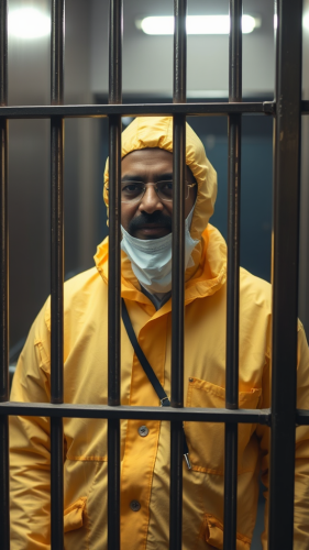 Kejriwal in a hazmat suit in jail cell.