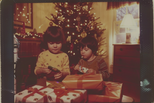 Kids opening Christmas gifts in cozy 1960s room