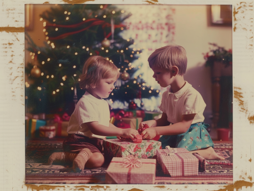 Polaroid Photo of Kids opening Christmas gifts in warmly lit room