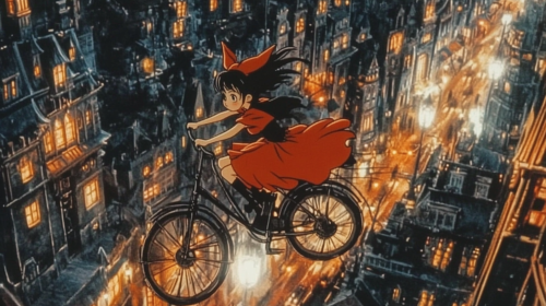 Kiki the Witch looking at city night background.