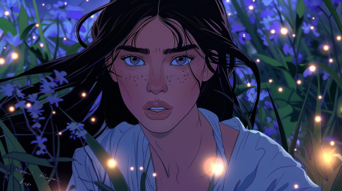 Kim Kardashian as anime character in Studio Ghibli style, upset, tranquil meadow, glowing fireflies, troubled expression.