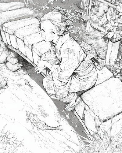 Kimono girl coloring book with thick borders, koi fish.