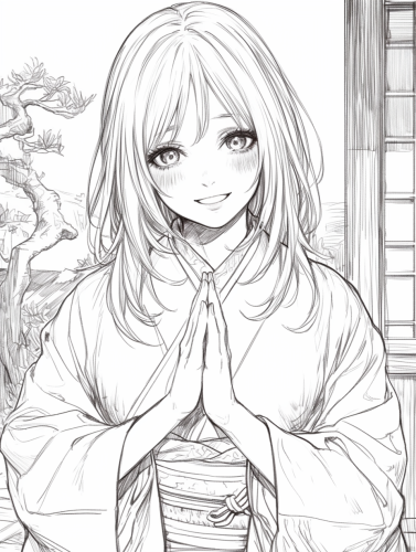 Kimono girl in a coloring book smiling widely.