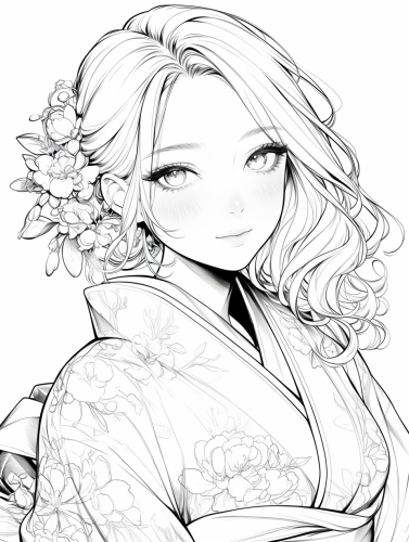 Kimono girl smiling in hot spring coloring book.