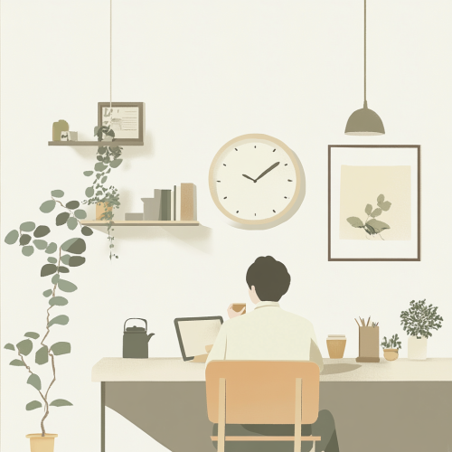 Korean person drinking tea and working from home peacefully.