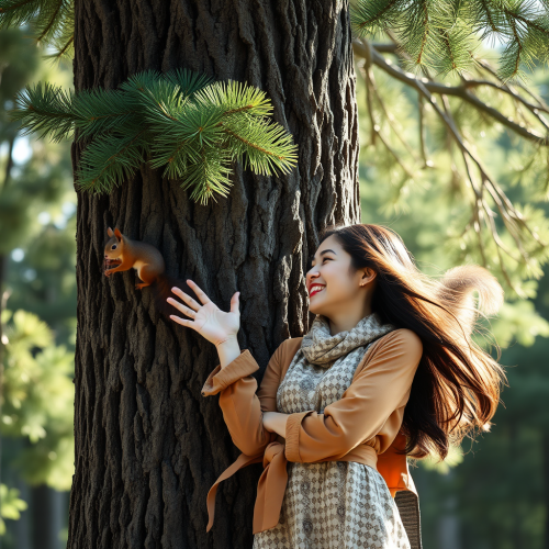 Lady Chatting with Pine Tree in Fantasy World