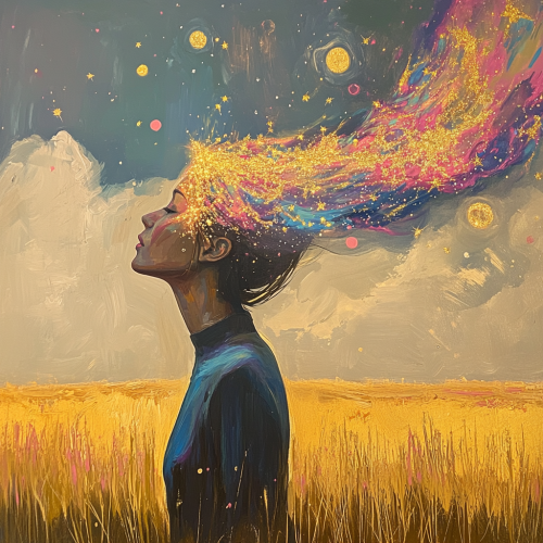 Lady in field with stars and colorful smoke galaxy