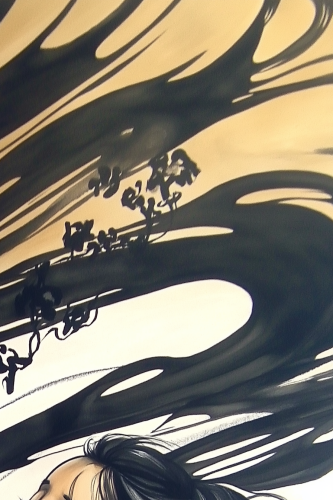 Large black stroke of ink with raccoon and fox.