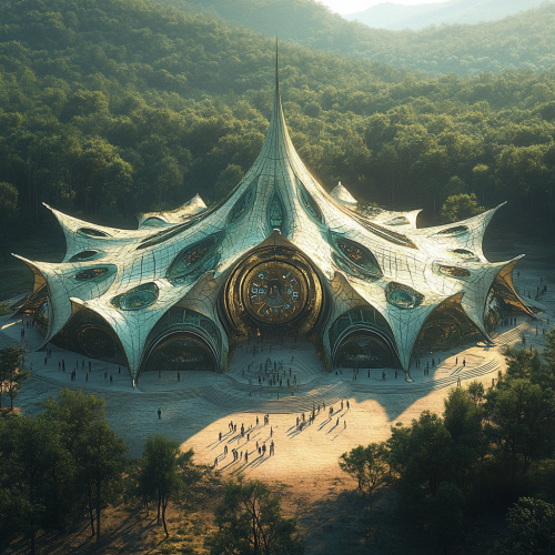Large futuristic leaf-shaped tent, shades 2000 people at Ozora Festival.