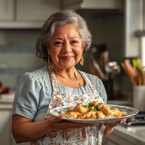 Latin woman showcasing tasty Chicken Escafe dish in kitchen. Latin woman showcasing tasty Chicken Escafe dish in kitchen.