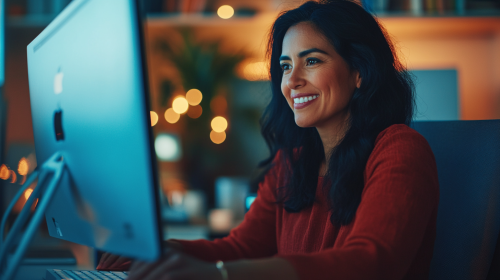 Latina woman smiling at computer in virtual meeting.