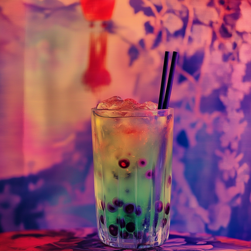 Lava lamp cocktail with boba in shooters glass