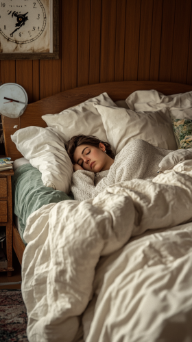 Lazy person in cozy bed surrounded by blankets and pillows.