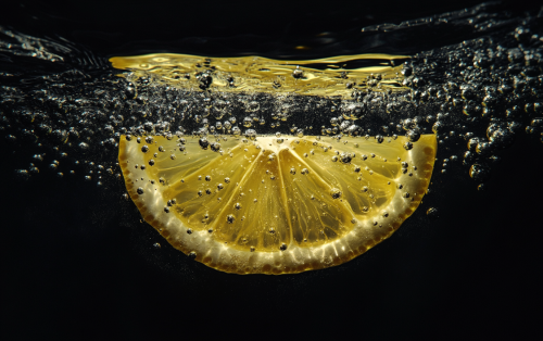 Lemon slice close-up in sparkling water with bubbles.
