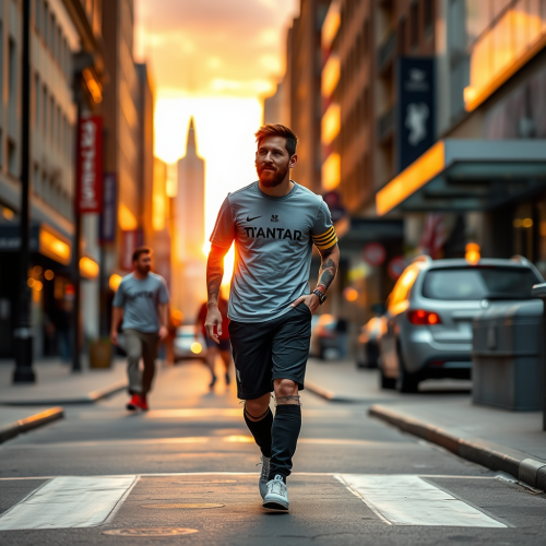 Leo Messi walking in city at sunset.