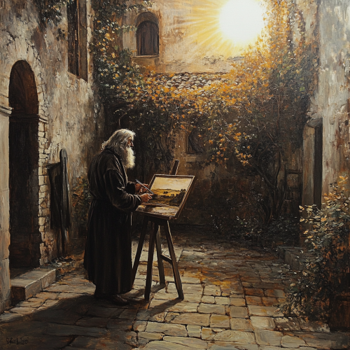 Leonardo Da Vinci painting sunlit courtyard landscape