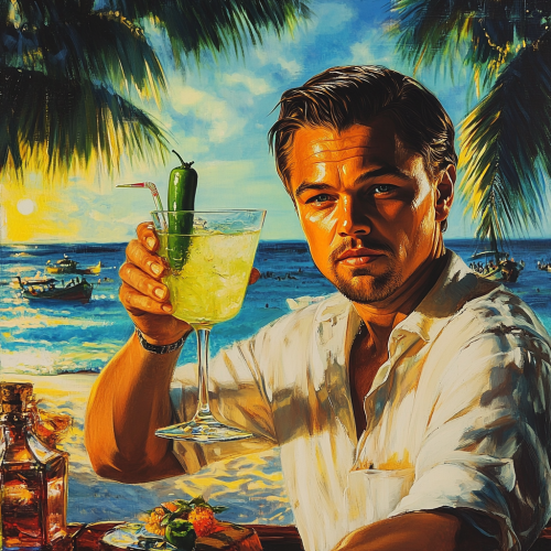 Leonardo Dicaprio drinks margarita with jalapeno garnish beach retro.