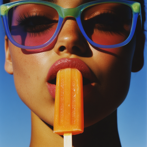 Licking popsicle wearing glasses, woman's face, blue background.