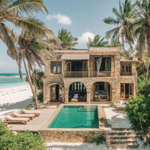 Light stone Ibiza style villa with turquoise pool by beach.