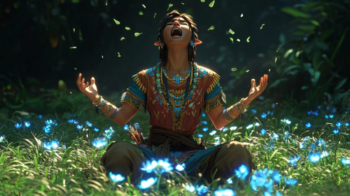 Link in colorful clothes kneeling in pain in grass