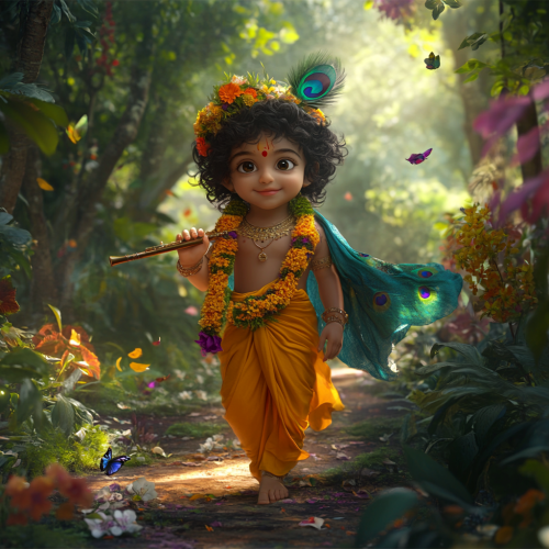 Little Krishna joyfully walks in enchanting forest.