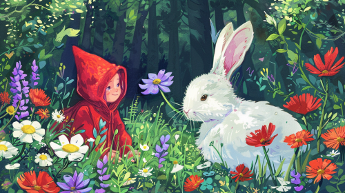 Little Red Riding Hood and White Bunny in meadow.