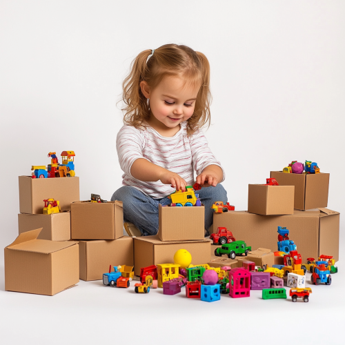 Little girl organizes toys in different sized boxes 