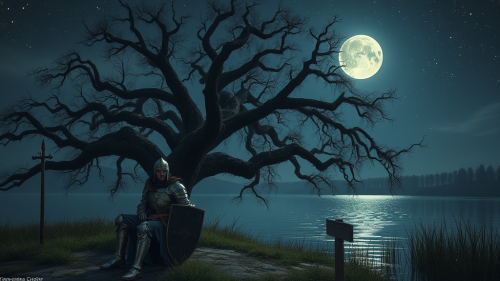 Lone Medieval Soldier Reflects by Lake at Night