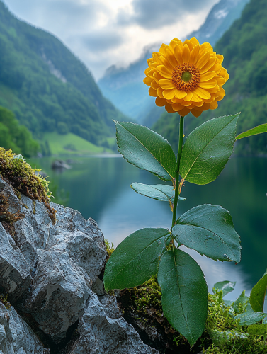 Lonely Yellow Rose in Green Forest and Lake
