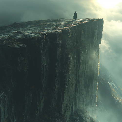Lonely figure at Cliff Edge at Twilight