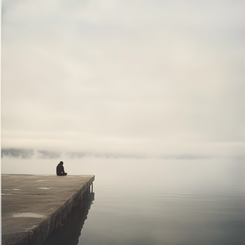 Lonely figure by lake, surrounded by mist