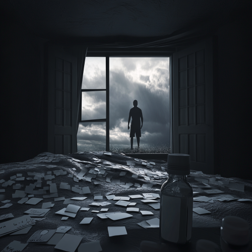 Lonely figure in messy room under stormy sky
