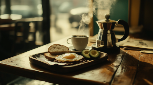 Lonely meal on rustic table in old-fashioned café