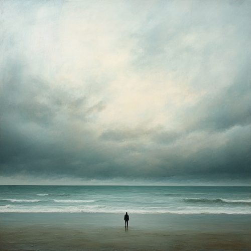 Lonely person on beach at dawn, gazing at sea