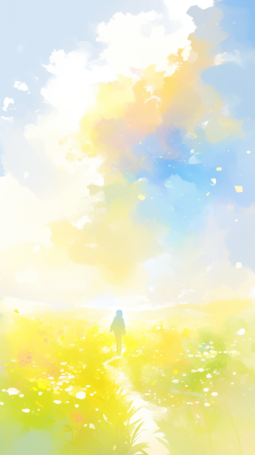 Lonely walk through grassy field under hopeful sky.