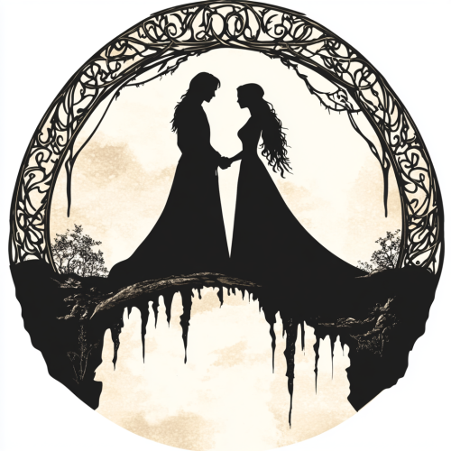 Lord of the Rings Wedding Logo with Aragon and Arwen Silhouettes Holding Hands on Elven Bridge