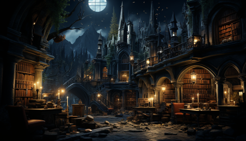 Lots of books in a haunted castle at night.