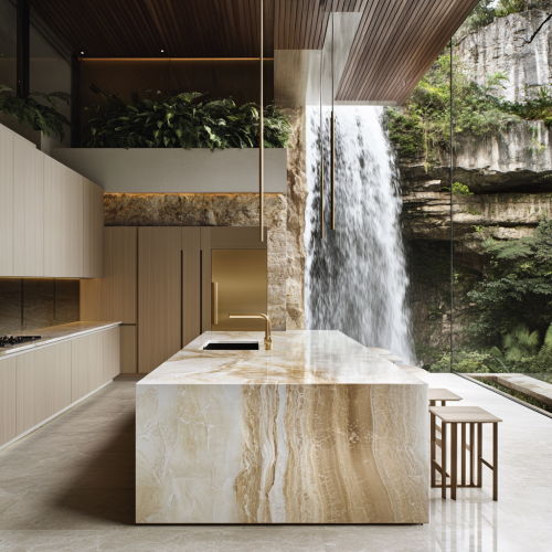Luxurious Cliffside Mansion Kitchen with Waterfall Views