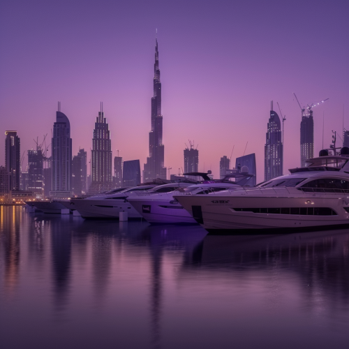 Luxurious Dubai skyline with glowing city lights and yachts