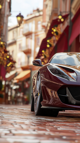 Luxurious Ferrari Superfast in a sophisticated shopping district