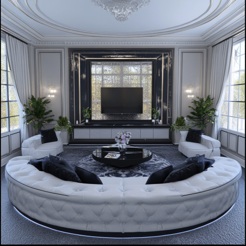 Luxurious black and white living room with western touch