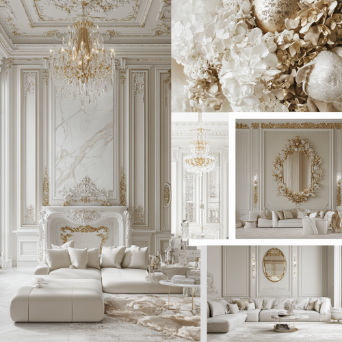 Luxurious classical living room with white and gold