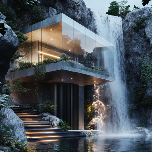 Luxurious cliff-side mansion with waterfall view