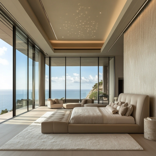 Luxurious cliffside master bedroom with minimalist elegance