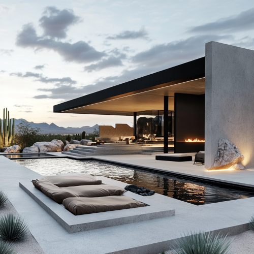 Luxurious desert mansion outdoor space with infinity pool