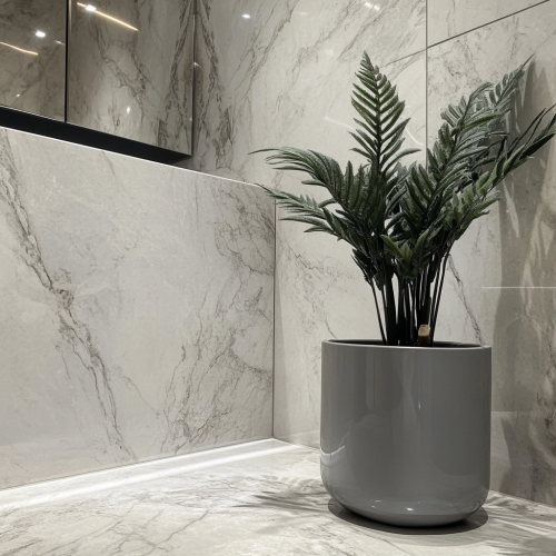 Luxurious gray bathroom with marble walls and floor