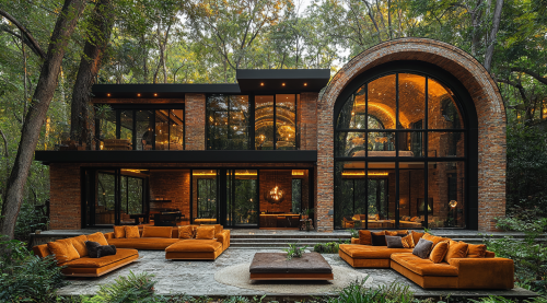 Luxurious house with arched window, overlooking forest.