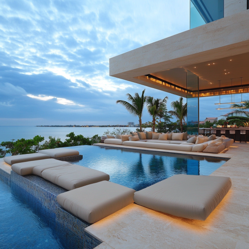 Luxurious island mansion's outdoor paradise with infinity pool